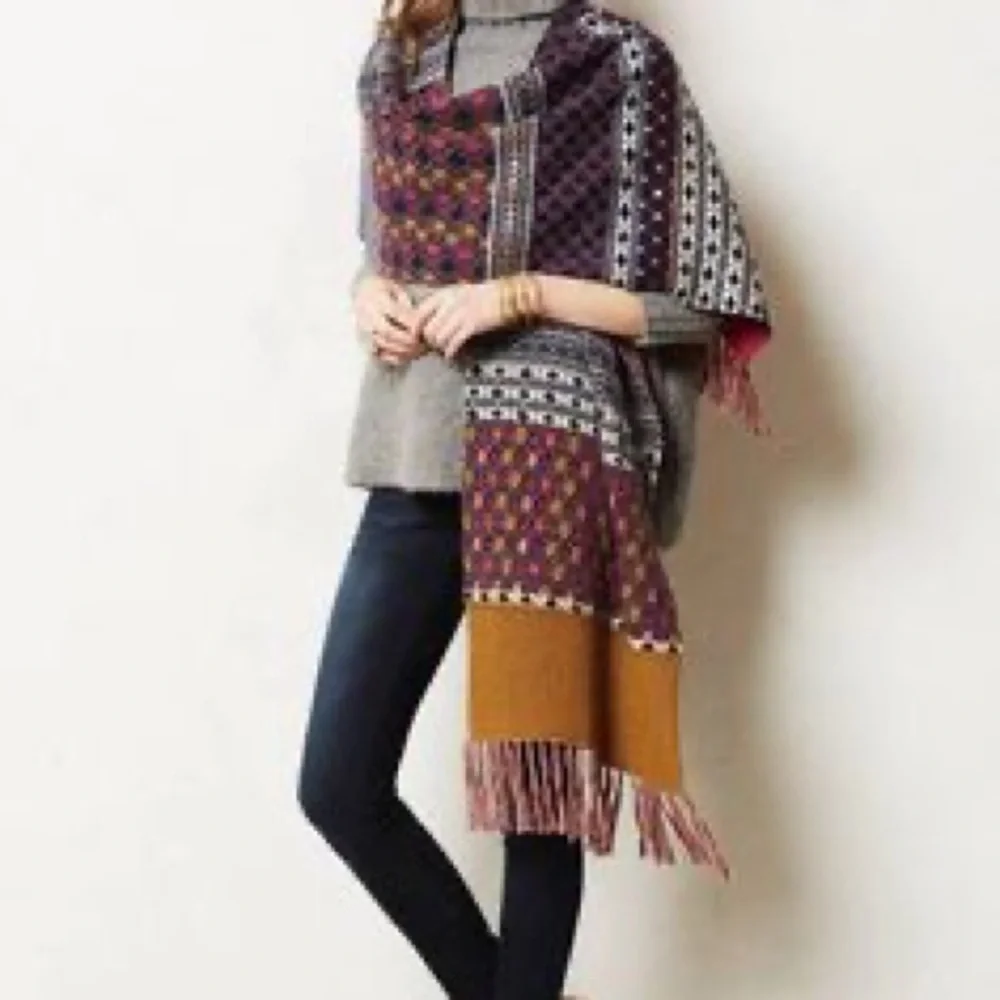 Anthropologie Angel of the North Patchwork Fringe Wrap Poncho Shawl One Size